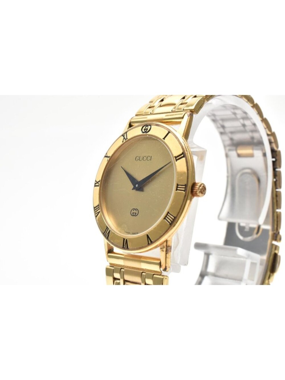 Gucci Quartz Watch Gold Dial 2 Hand Roman Numeral Bezel Plate Stainless Steel